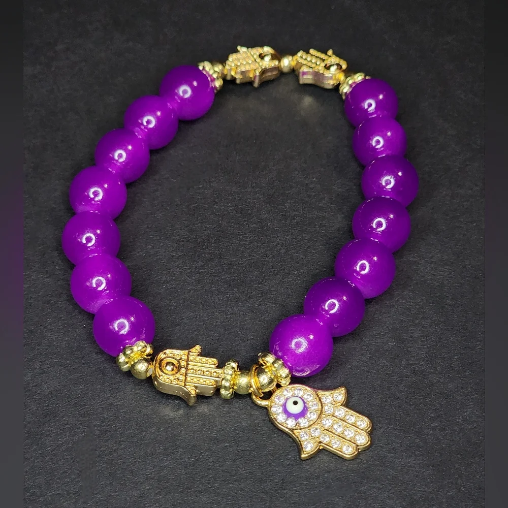 Purple Glass Beaded Hamsa Charm Stretch Bracelet